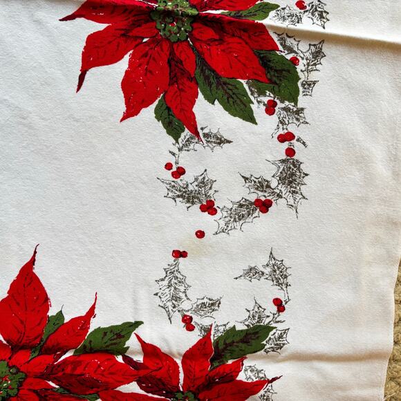 Vintage Christmas holiday tablecloth square printed cotton AS FOUND with stains - Picture 10 of 12